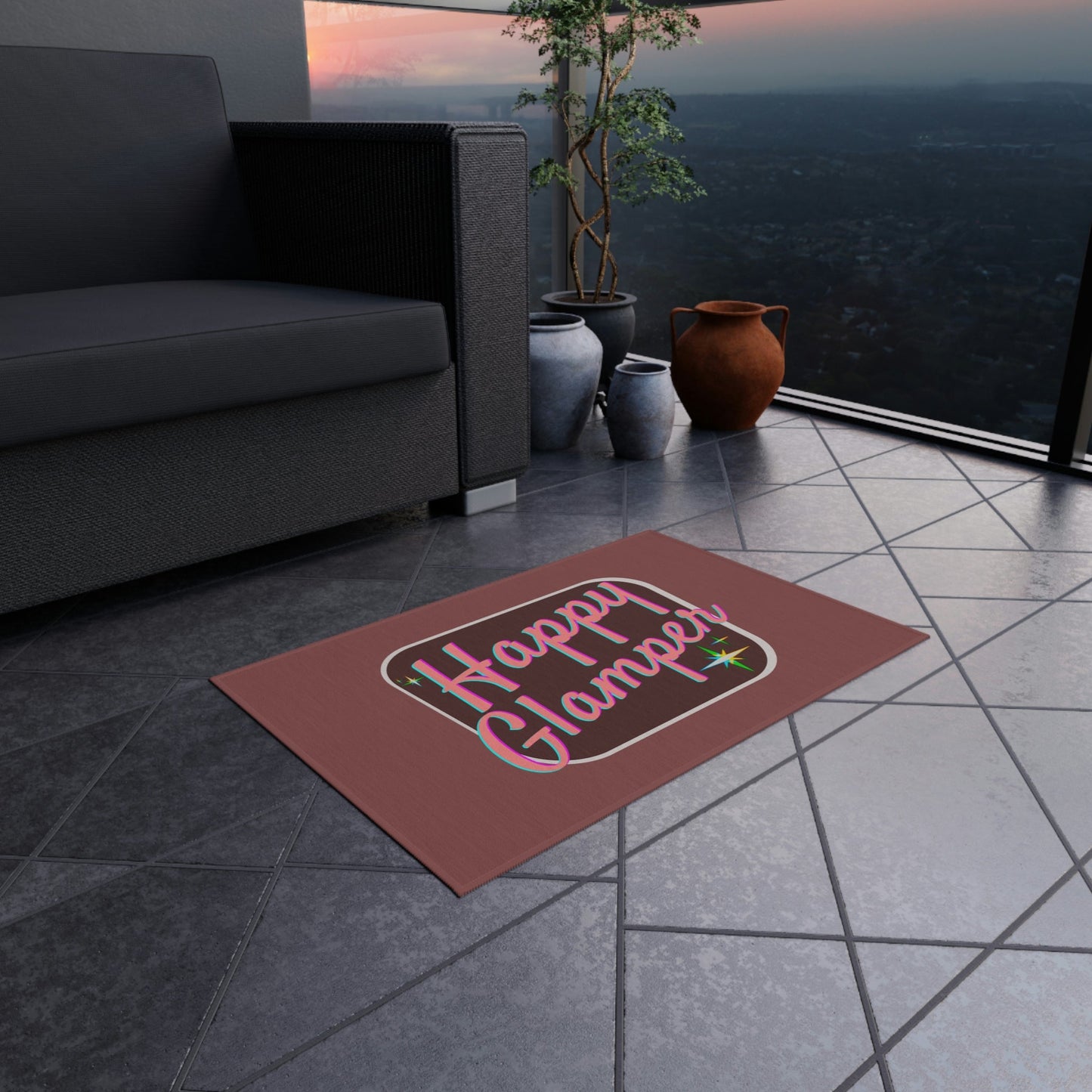 Pink Rug - Happy Glamping Rug for Your Camper Van, Tent, or RV