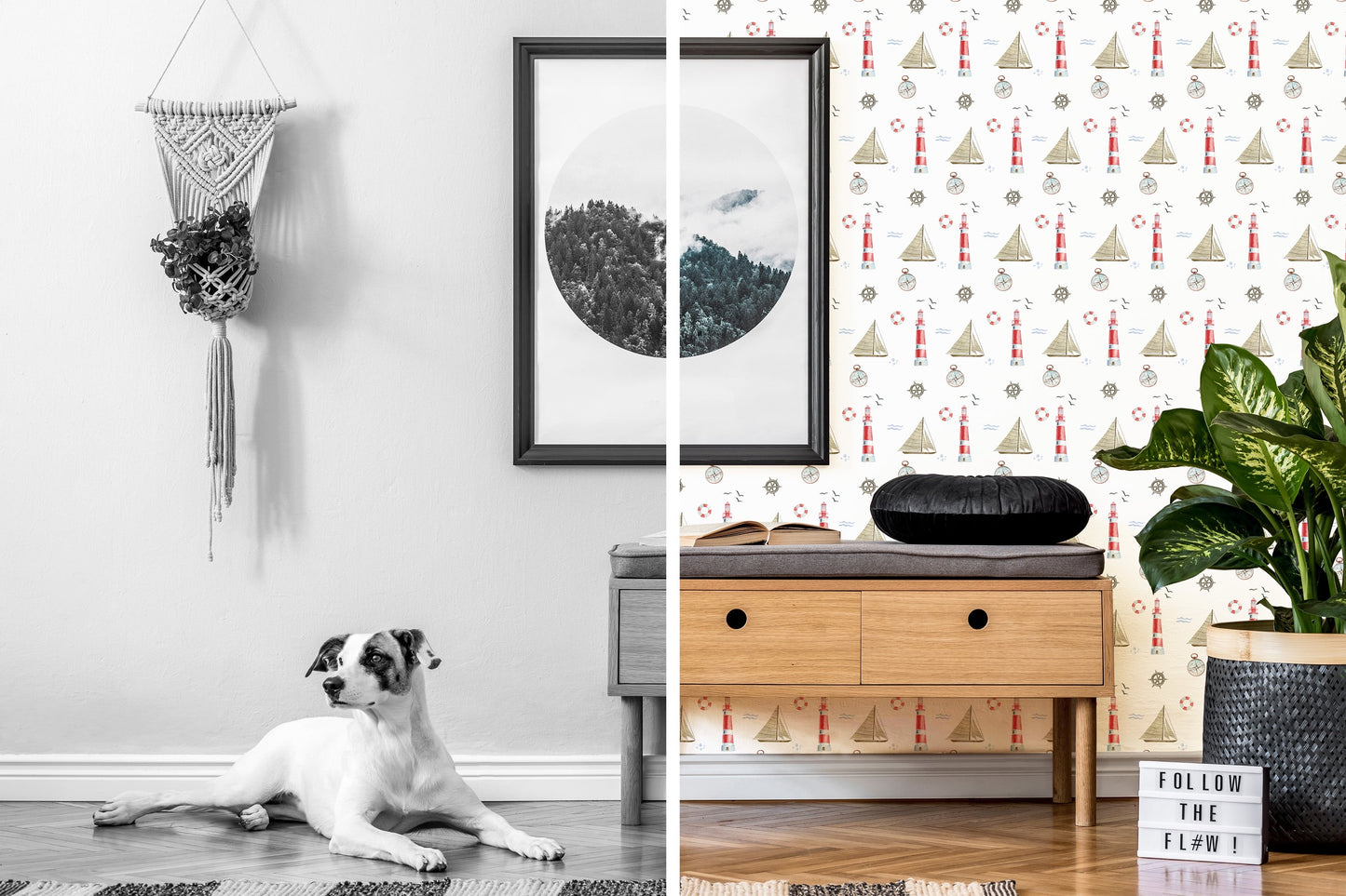 Antique-Inspired Sailboats and Lighthouses Nautical Peel and Stick or Traditional Wallpaper