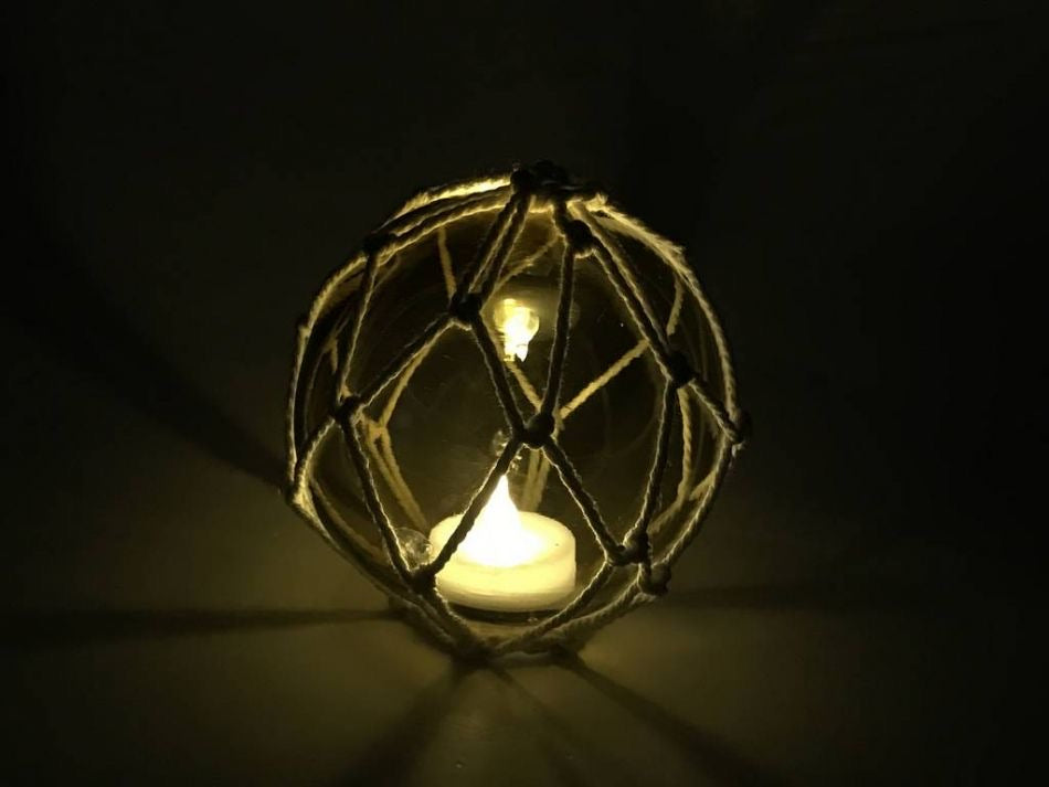 LED Light - Amber Nautical Lamp Coastal Decor - Battery-Powered LED Lit Japanese Glass Ball Fishing Float with Brown Netting, 4"