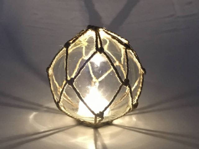 Clear Glass Lamp - Coastal Decor - Battery-Powered LED Lit Japanese Glass Ball Fishing Float with Brown Netting, 4"