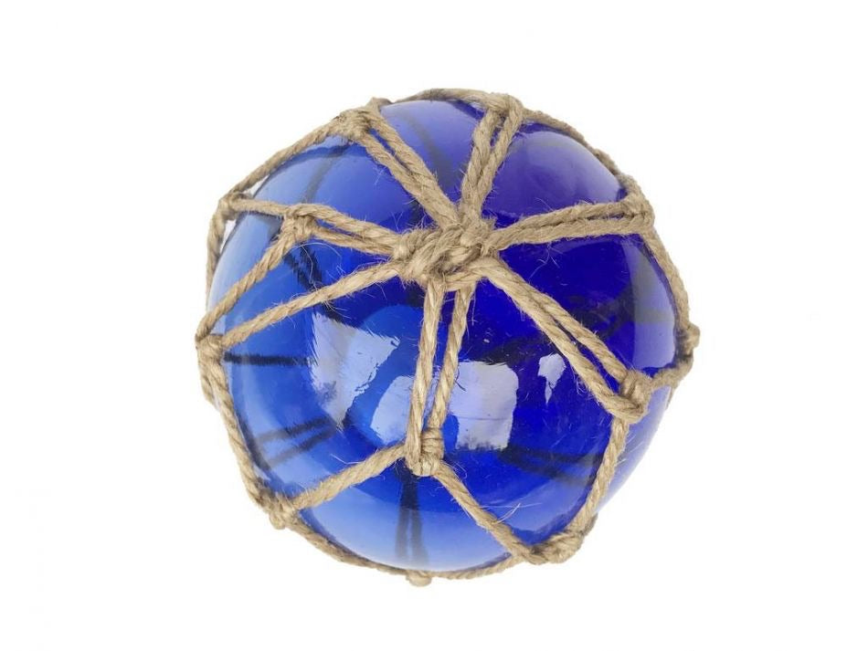 Coastal Decor - Battery-Powered LED Lit Japanese Glass Ball Fishing Float in Dark Blue with Brown Netting, 4"