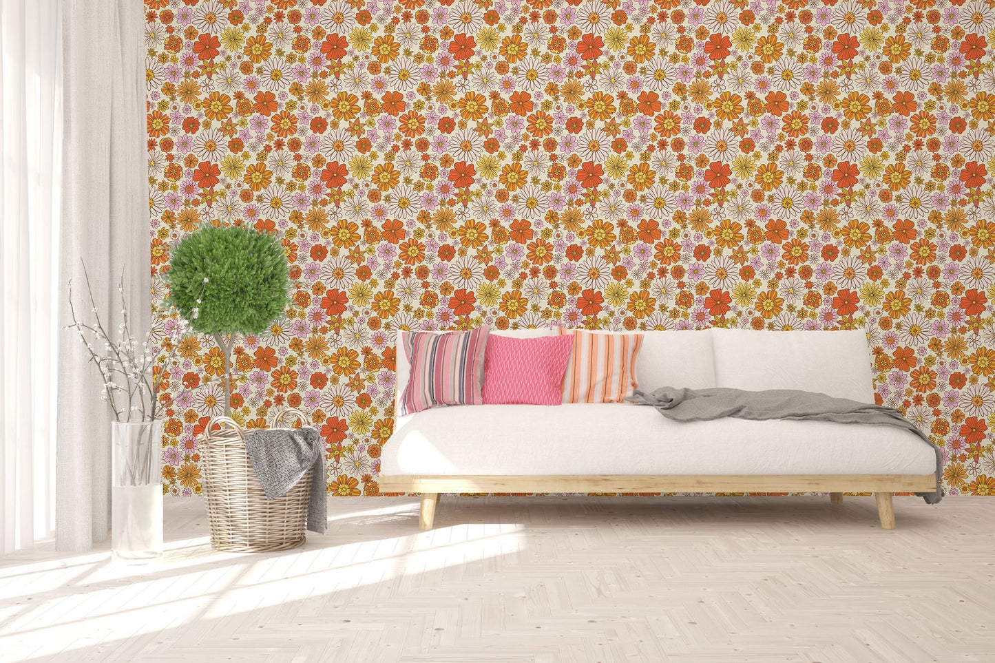 1970s Vintage-Inspired Flower Print Wallpaper - 70s Style Peel and Stick or Traditional Wallpaper