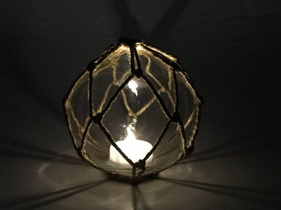 LED Light - Amber Nautical Lamp Coastal Decor - Battery-Powered LED Lit Japanese Glass Ball Fishing Float with Brown Netting, 4"