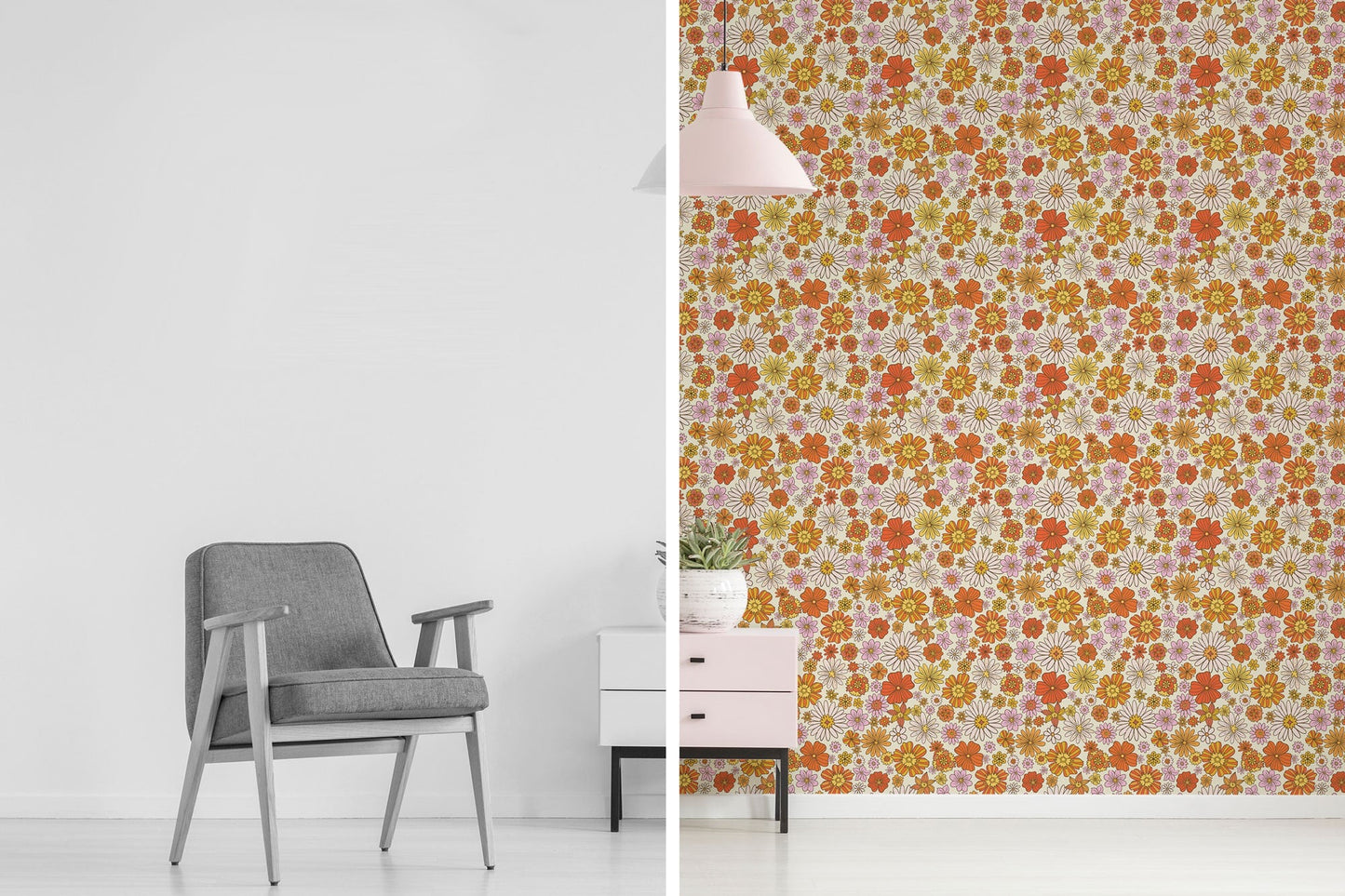 1970s Vintage-Inspired Flower Print Wallpaper - 70s Style Peel and Stick or Traditional Wallpaper