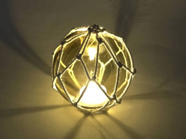 Clear Glass Lamp - Coastal Decor  - Battery-Powered LED Lit Japanese Glass Ball Fishing Float with Brown Netting, 4"