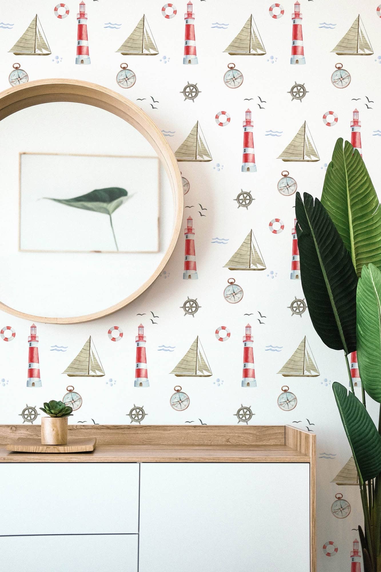 Antique-Inspired Sailboats and Lighthouses Nautical Peel and Stick or Traditional Wallpaper