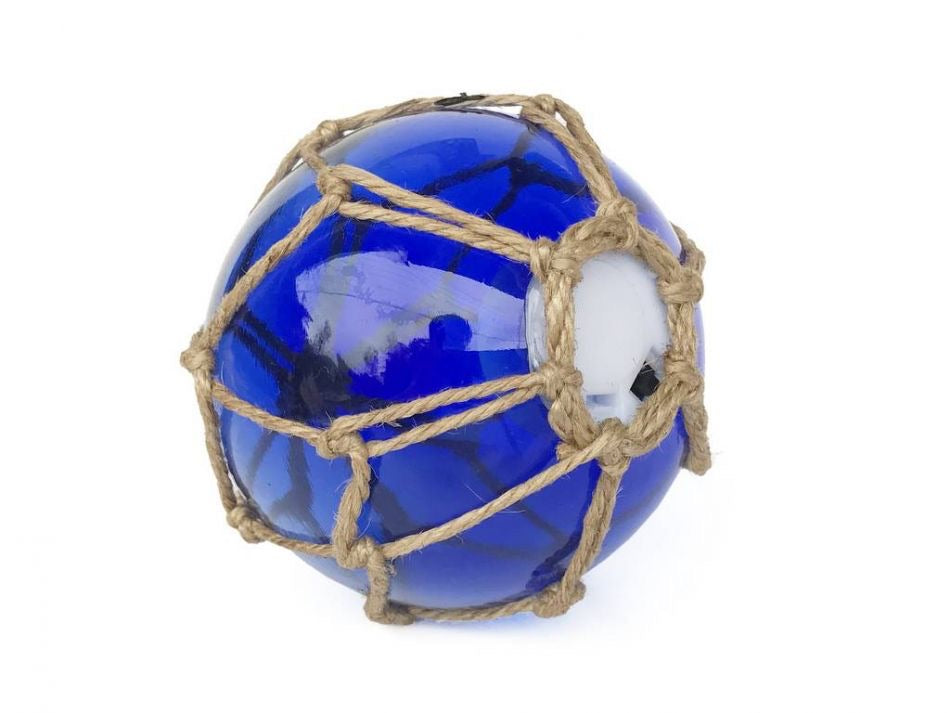 LED Light - Amber Nautical Lamp Coastal Decor - Battery-Powered LED Lit Japanese Glass Ball Fishing Float with Brown Netting, 4"