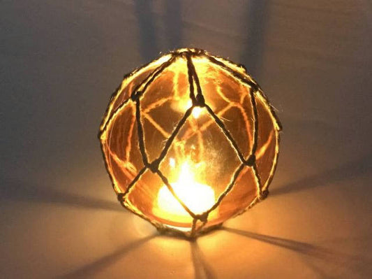 Orange Nautical Lamp Coastal Decor  - Battery-Powered LED Lit Japanese Glass Ball Fishing Float with Brown Netting, 4"