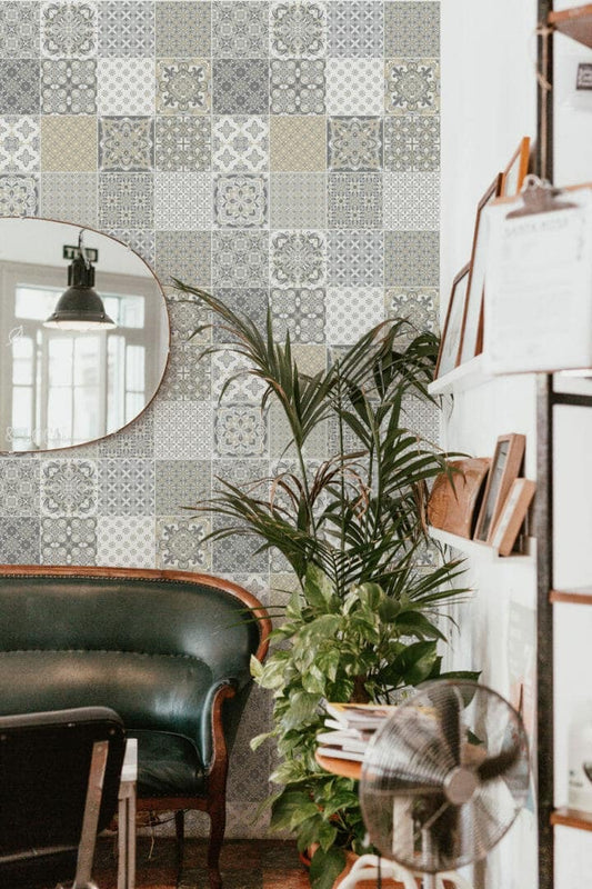 Eclectic Tile Wallpaper - Peel and Stick or Traditional Wallpaper in Beige Plaid Print for your Campervan, Home, Airbnb, or Baby Nursery
