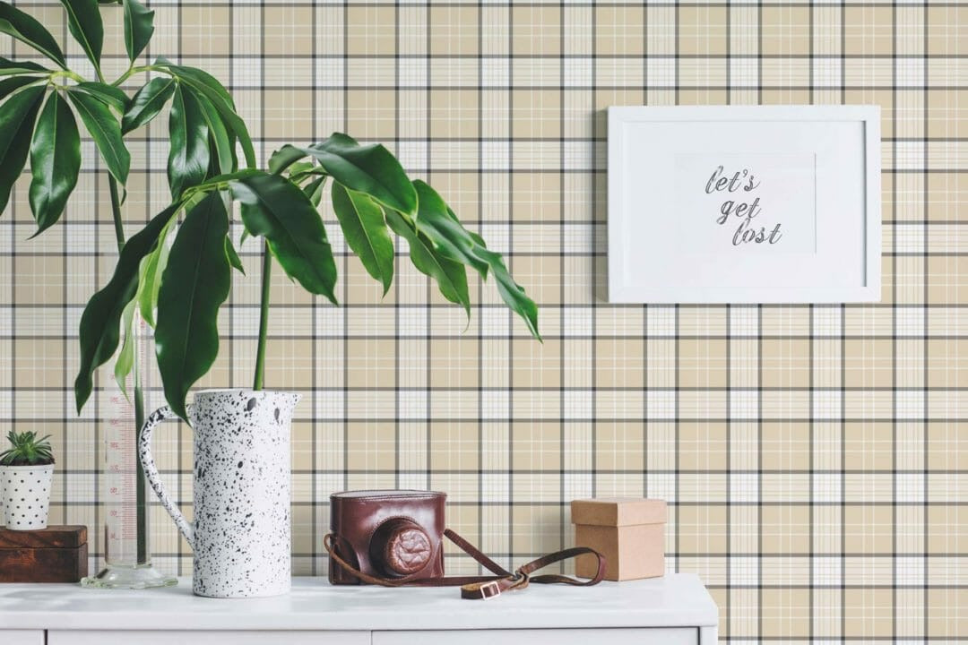 Beige Wallpaper - Peel and Stick or Traditional Wallpaper in Beige Plaid Print for your Campervan, Home, Airbnb, or Baby Nursery
