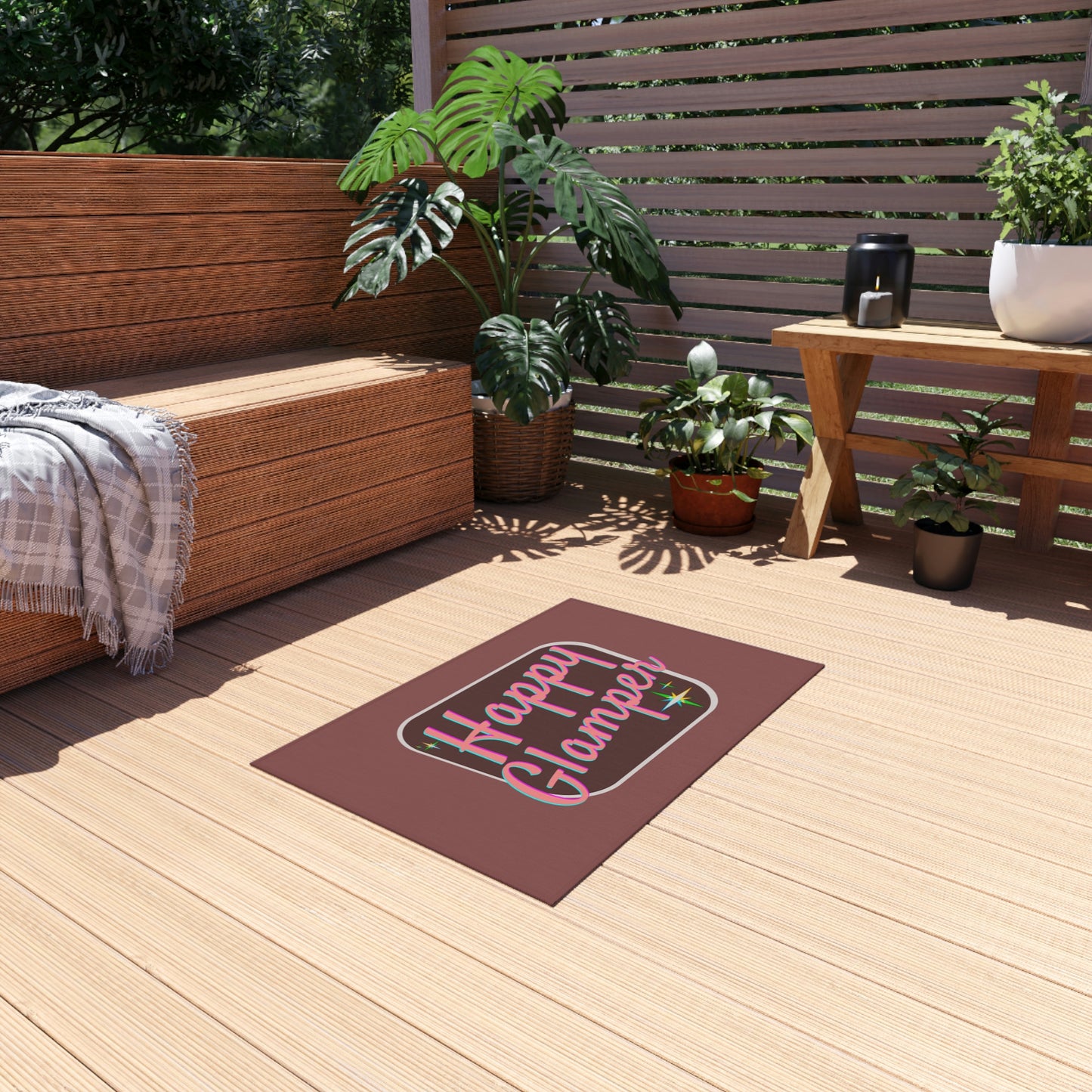 Camping Mat - Glamping Outdoor Rug - Happy Glamping Rug for Your Camper Van, Tent, or RV