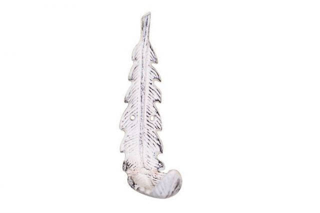 Feather Hook - Whitewashed Cast Iron Decorative Feather Hook 6"