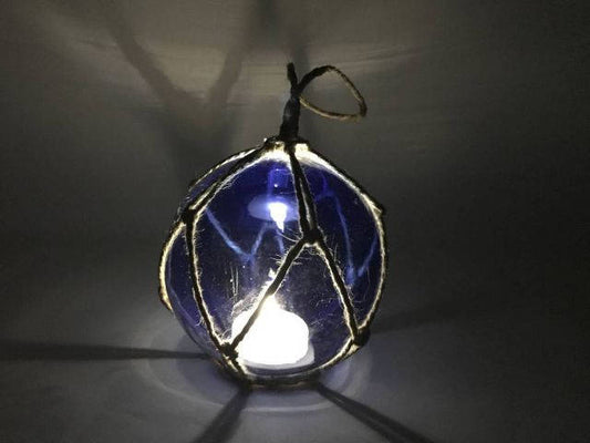 Coastal Decor  - Battery-Powered LED Lit Japanese Glass Ball Fishing Float in Dark Blue with Brown Netting, 4"
