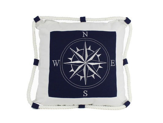Nautical Throw Pillow - Blue Compass with Nautical Rope Decorative Throw Pillow 16"