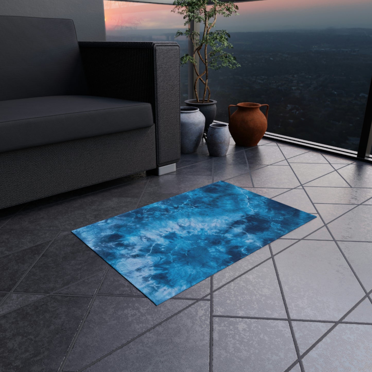 Vibrant Blue Tie Dye Outdoor Rug