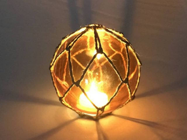 Clear Glass Lamp - Coastal Decor  - Battery-Powered LED Lit Japanese Glass Ball Fishing Float with Brown Netting, 4"