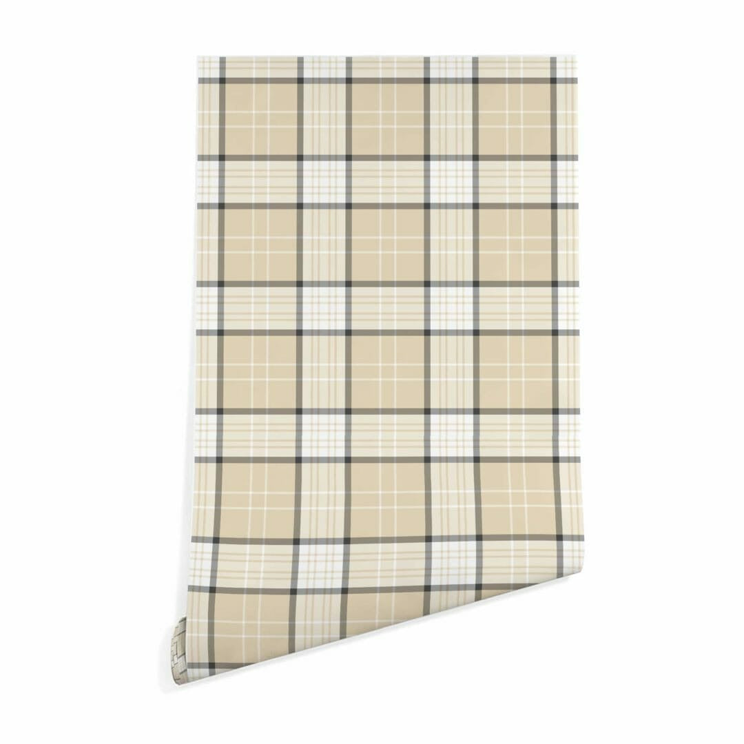 Beige Wallpaper - Peel and Stick or Traditional Wallpaper in Beige Plaid Print for your Campervan, Home, Airbnb, or Baby Nursery
