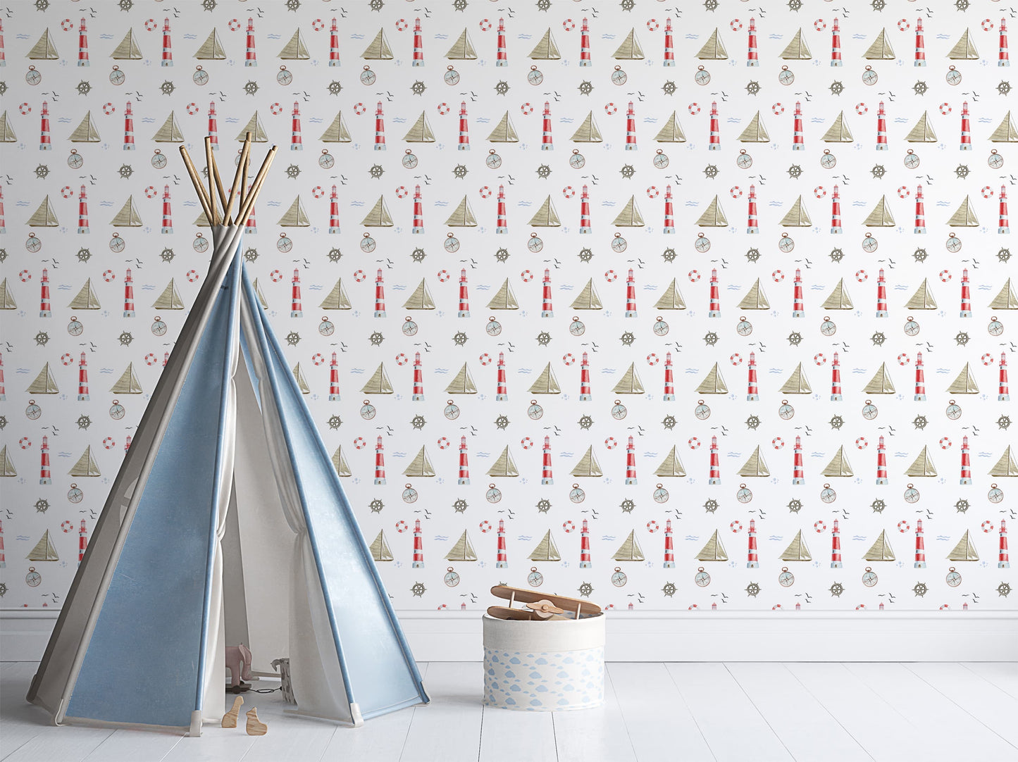 Antique-Inspired Sailboats and Lighthouses Nautical Peel and Stick or Traditional Wallpaper