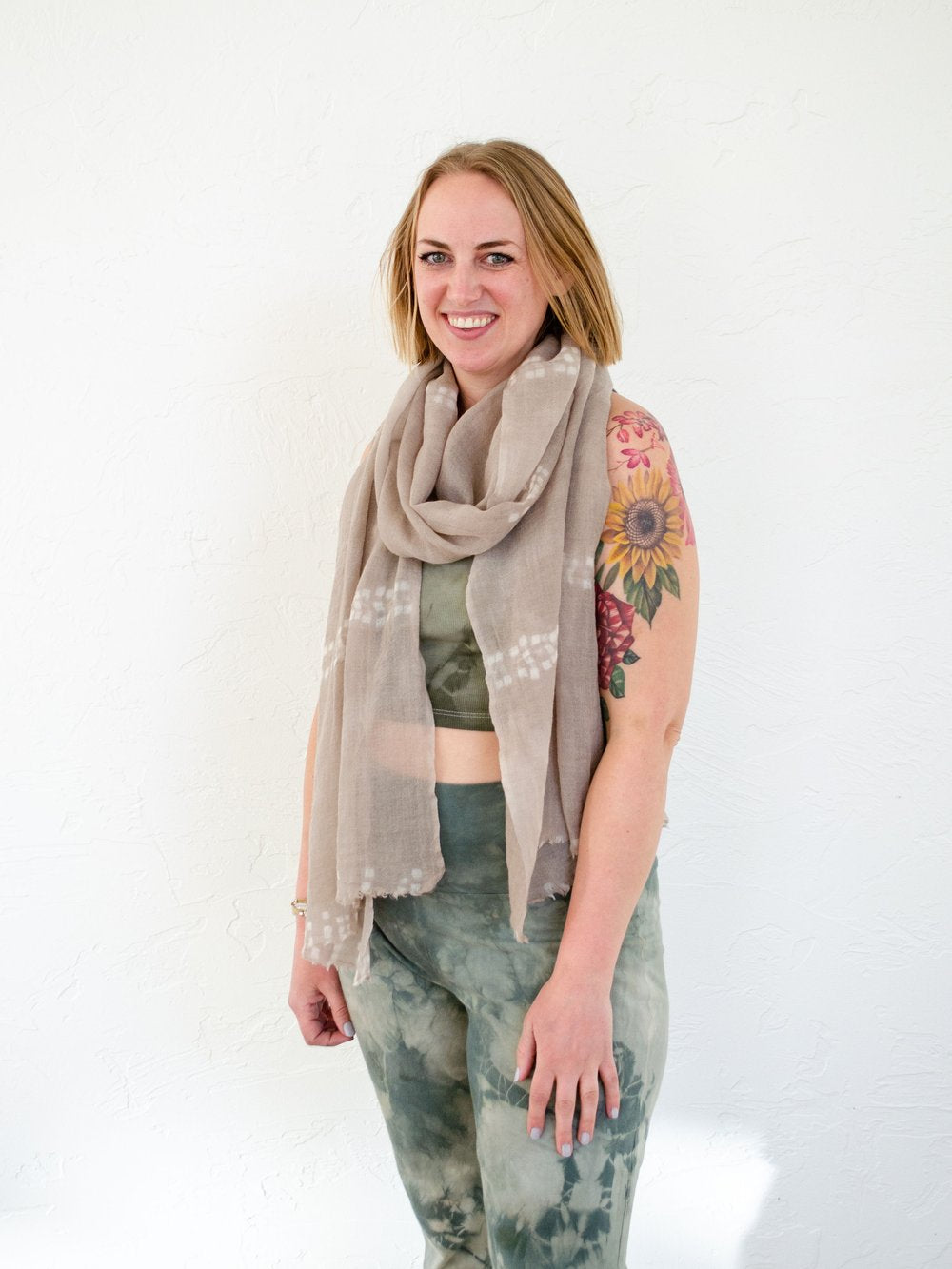 Patterned One-of-a-Kind Hand-Dyed Wool Gauze Scarf in Sand Color by 1 Life - Hand-Dyed Wool Scarf for Warm or Cold Weather