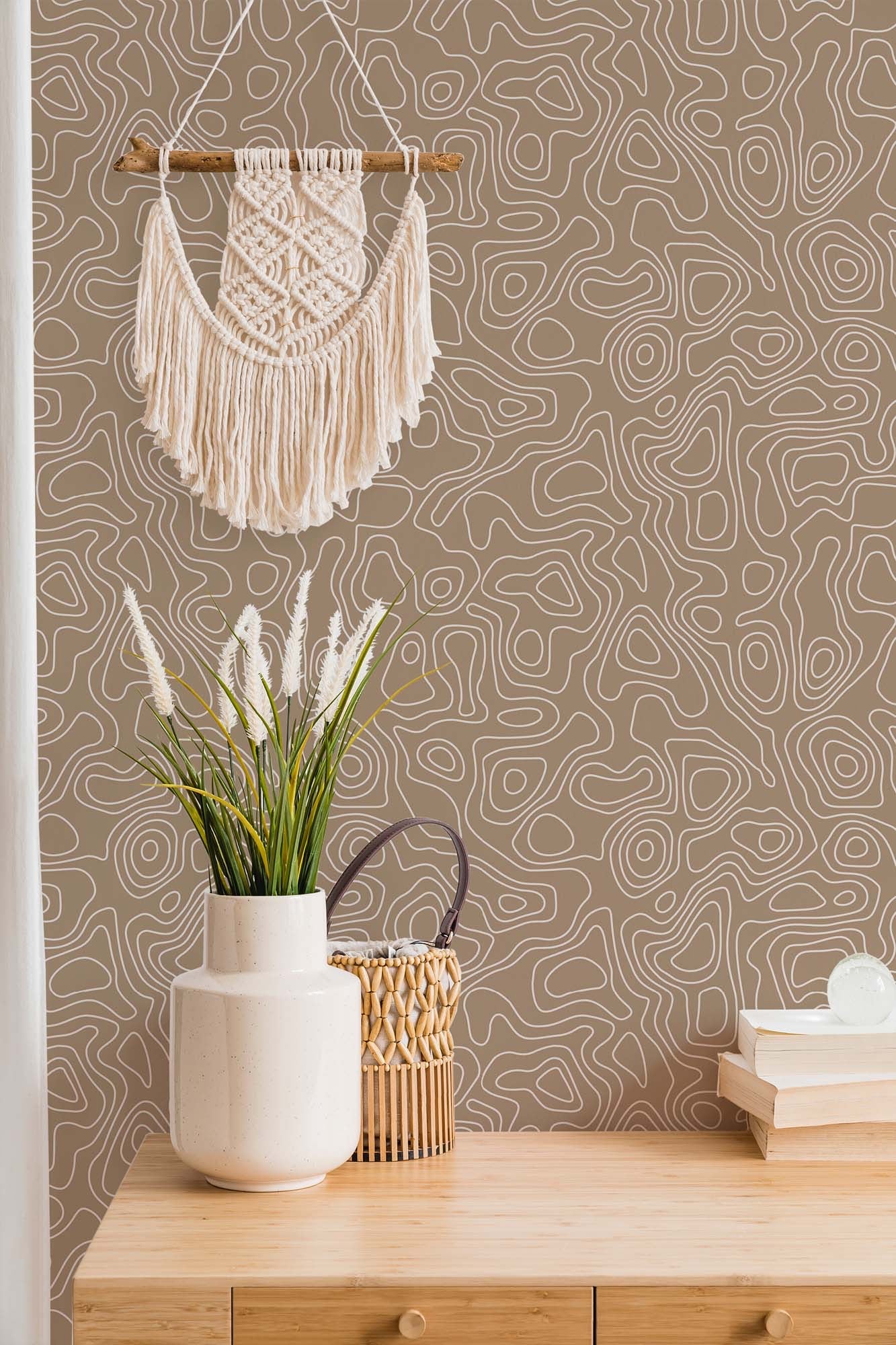 Camper van or Home Wallpaper - Abstract Topography Wallpaper for Camper or Home - Neutral Brown and White - Peel and Stick or Traditional Wallpaper