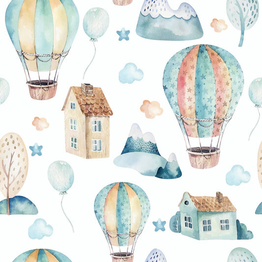 Watercolor Hot Air Balloon Wallpaper - Peel and Stick or Traditional Wallpaper for your Nursery, , Camper van, or Vintage Trailer,