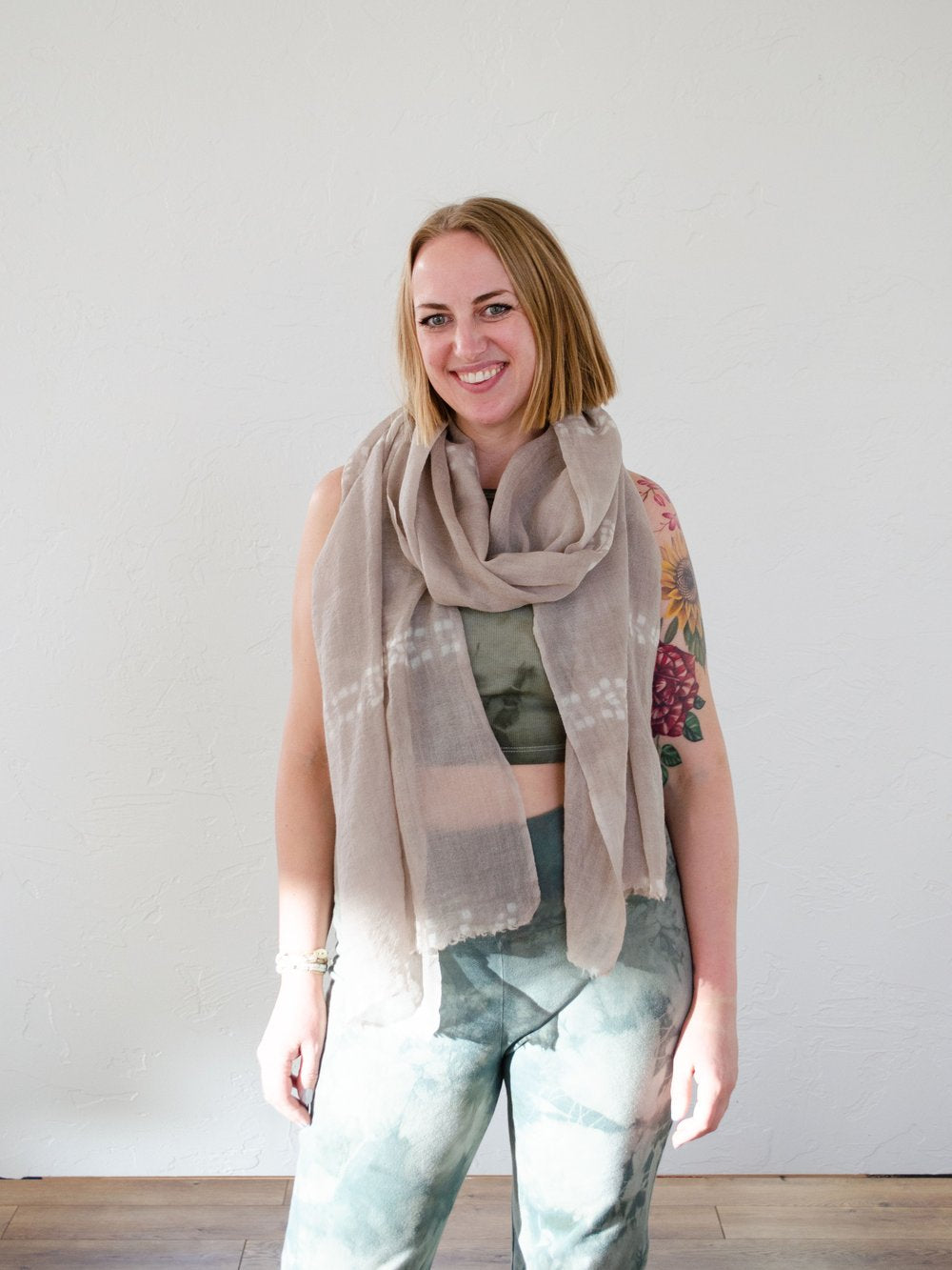 Patterned One-of-a-Kind Hand-Dyed Wool Gauze Scarf in Sand Color by 1 Life - Hand-Dyed Wool Scarf for Warm or Cold Weather