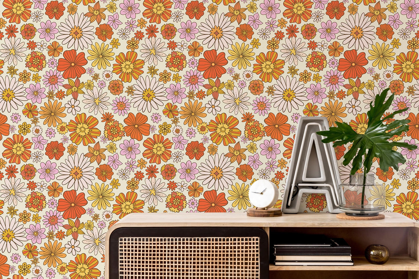 1970s Vintage-Inspired Flower Print Wallpaper - 70s Style Peel and Stick or Traditional Wallpaper
