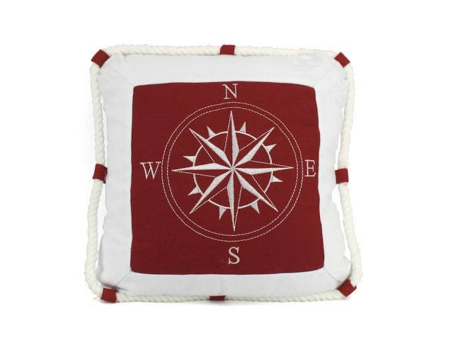 Red Nautical Throw Pillow - Compass with Nautical Rope Decorative Throw Pillow 16"
