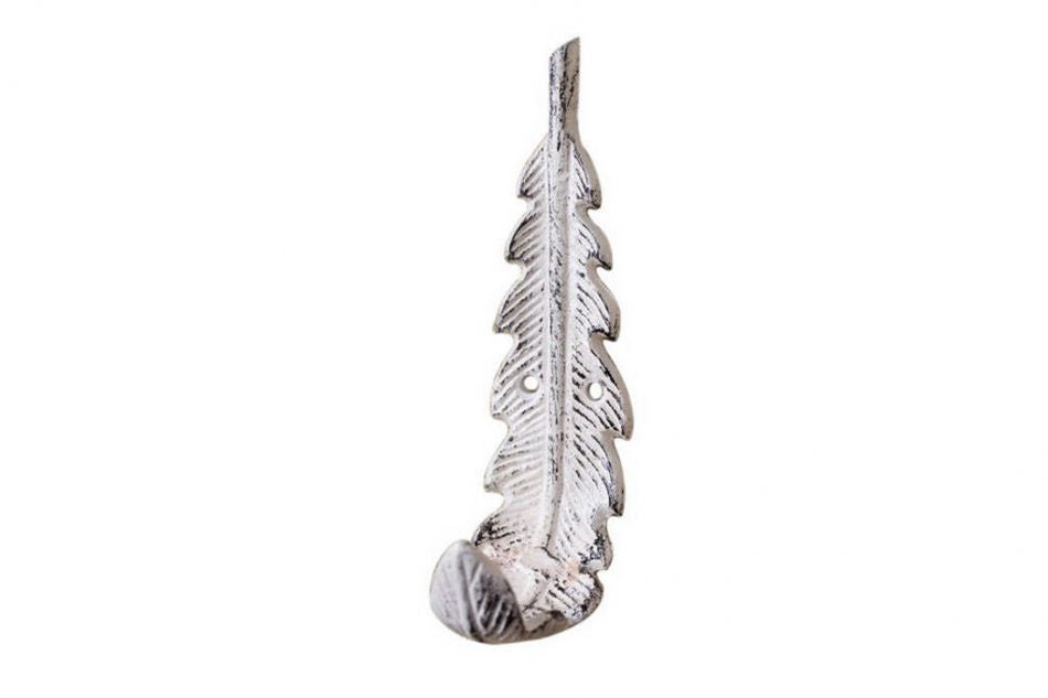 Feather Hook - Whitewashed Cast Iron Decorative Feather Hook 6"