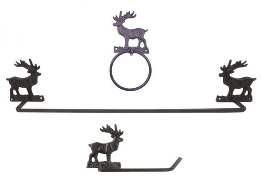 Moose Bathroom Accessory Set - Cast Iron Set of 3 Items - Large Bath Towel Holder and Towel Ring and Toilet Paper Holder